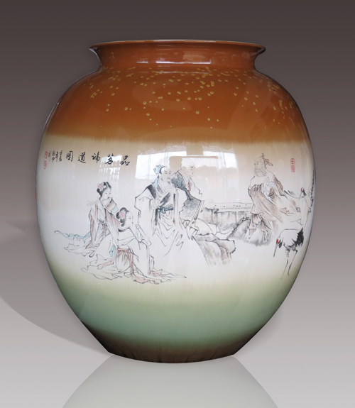 21张新中《品茗论道图》刻瓷瓶 高450mm.jpg